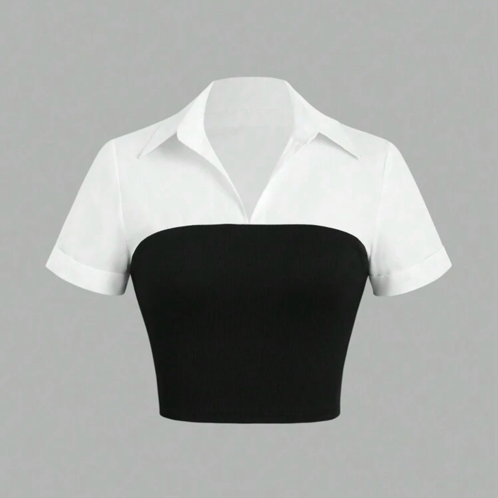 White & Black Two-Tone Collared Crop Top